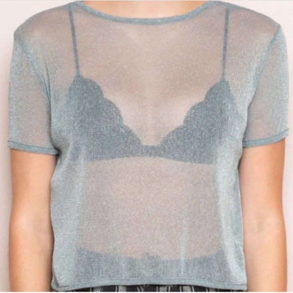 Brandy Melville Light Blue Sheer Porter‎ Glitter Crop Top Size S